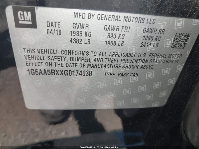 2016 Cadillac Ats Standard VIN: 1G6AA5RXXG0174038 Lot: 45669238