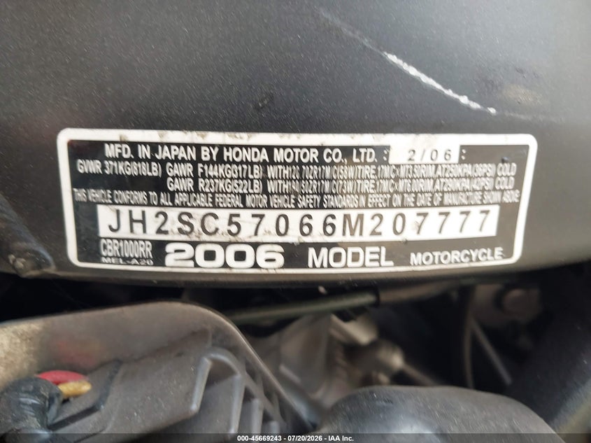 2006 Honda Cbr1000 Rr VIN: JH2SC57066M207777 Lot: 45669243