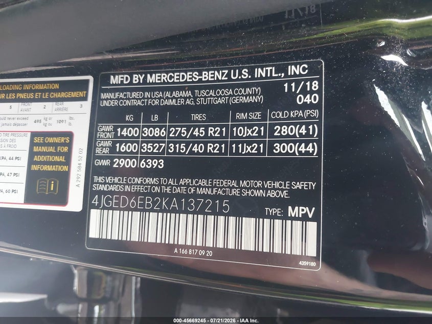MERCEDES-BENZ AMG GLE 43 COUPE 2019 VIN 4JGED6EB2KA137215
