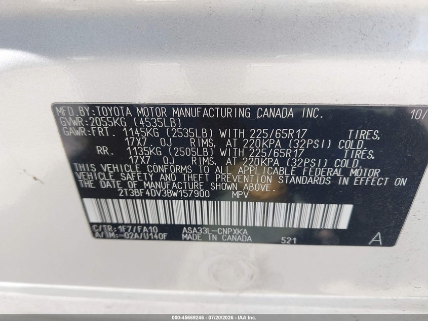 2011 Toyota Rav4 VIN: 2T3BF4DV3BW157900 Lot: 45669246