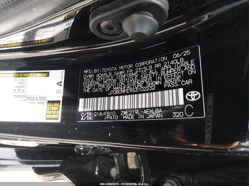 2025 Toyota Corolla Hybrid Le VIN: JTDBCMFE9S3102232 Lot: 45669275