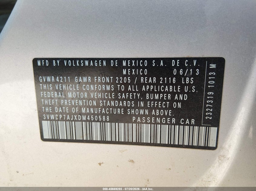 2013 Volkswagen Jetta 2.5L Se VIN: 3VWDP7AJXDM450588 Lot: 45669285