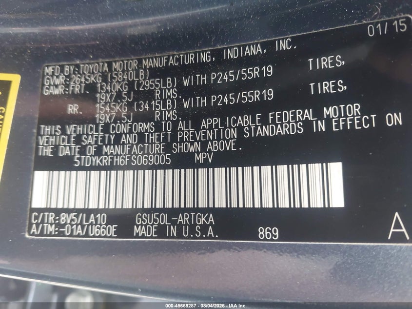 TOYOTA HIGHLANDER 2015 VIN 5TDYKRFH6FS069005