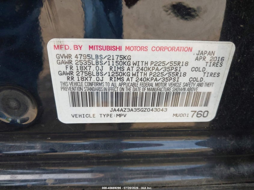 2016 Mitsubishi Outlander Se VIN: JA4AZ3A35GZ043043 Lot: 45669296