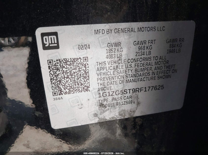 2024 Chevrolet Malibu Fwd Rs VIN: 1G1ZG5ST9RF177625 Lot: 45669324