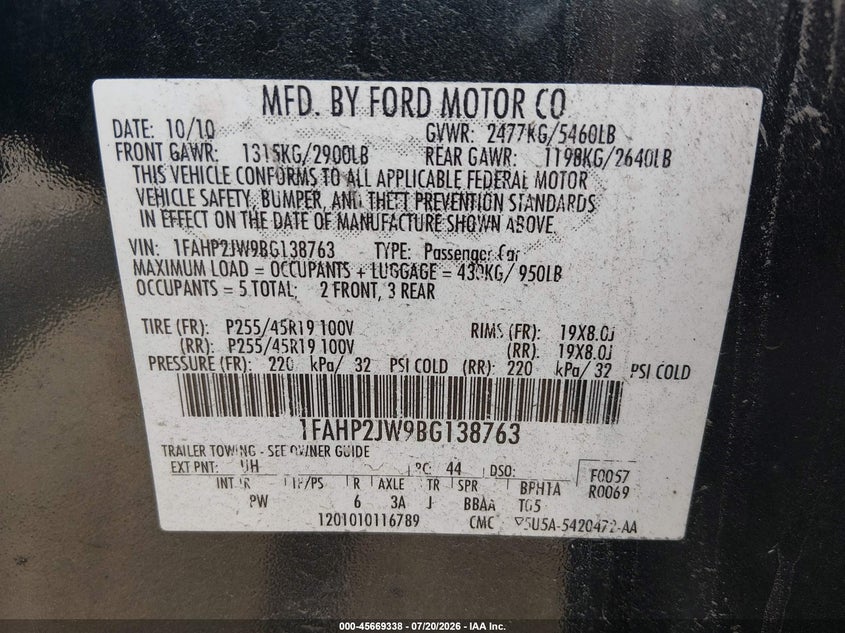 2011 Ford Taurus Limited VIN: 1FAHP2JW9BG138763 Lot: 45669338