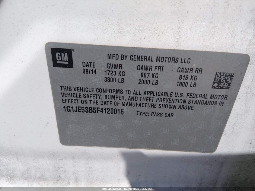 2015 Chevrolet Sonic Ltz Auto VIN: 1G1JE5SB5F4120016 Lot: 45669344