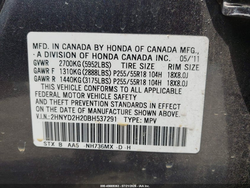 2011 Acura Mdx VIN: 2HNYD2H20BH537291 Lot: 45669363