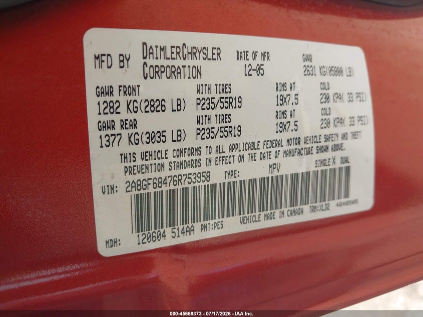 2006 Chrysler Pacifica Touring VIN: 2A8GF68476R753958 Lot: 45669373