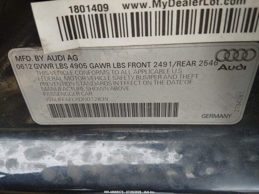 2013 Audi A4 2.0T Premium VIN: WAUFFAFLXDN012839 Lot: 45669375