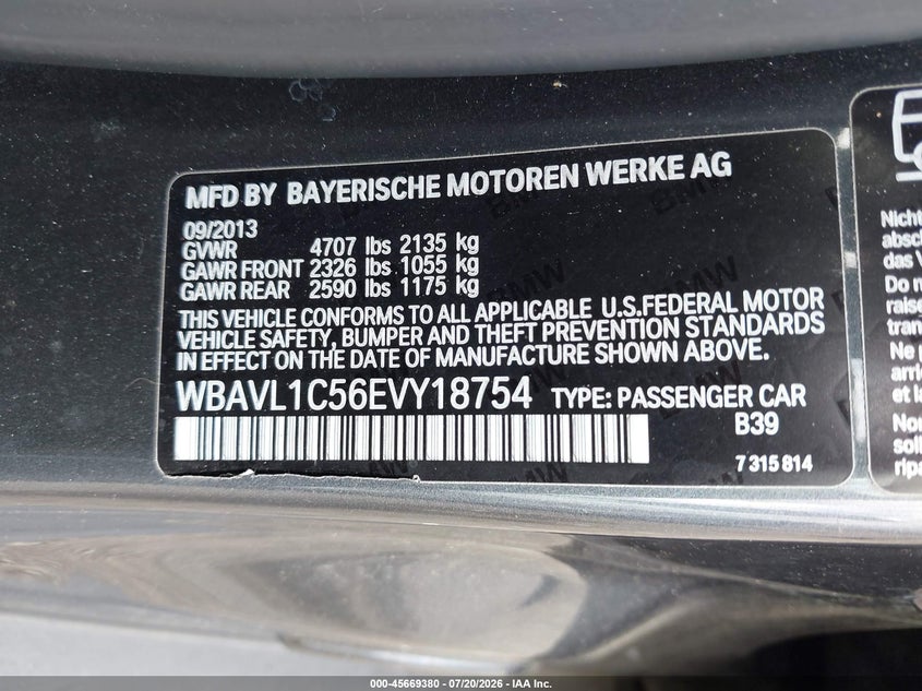2014 BMW X1 xDrive28I VIN: WBAVL1C56EVY18754 Lot: 45669380