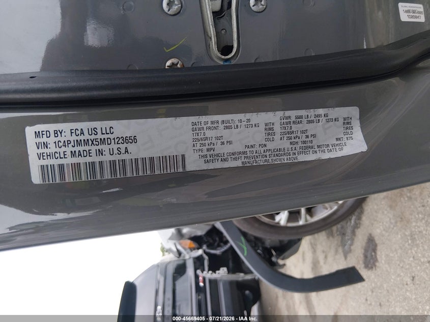 2021 Jeep Cherokee Latitude Lux 4X4 VIN: 1C4PJMMX5MD123656 Lot: 45669405