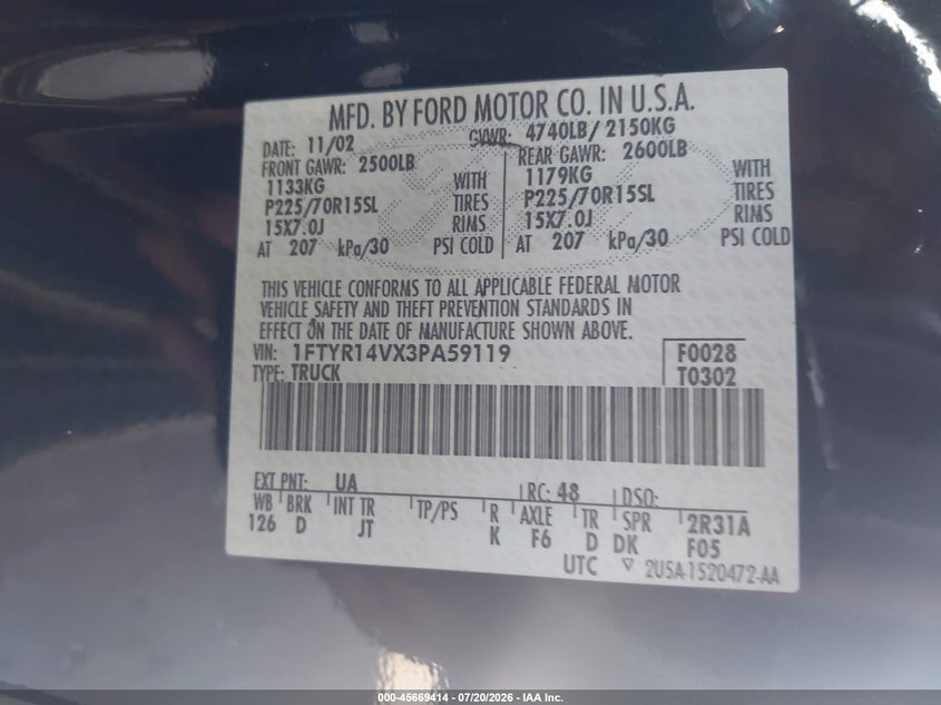 2003 Ford Ranger Edge/Tremor/Xl/Xlt VIN: 1FTYR14VX3PA59119 Lot: 45669414