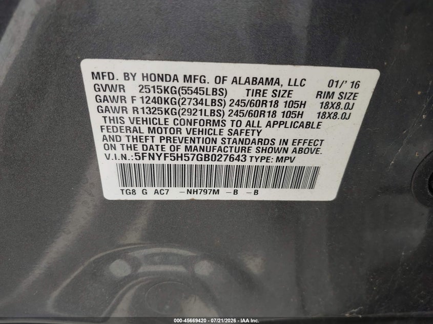 2016 Honda Pilot Ex-L VIN: 5FNYF5H57GB027643 Lot: 45669420