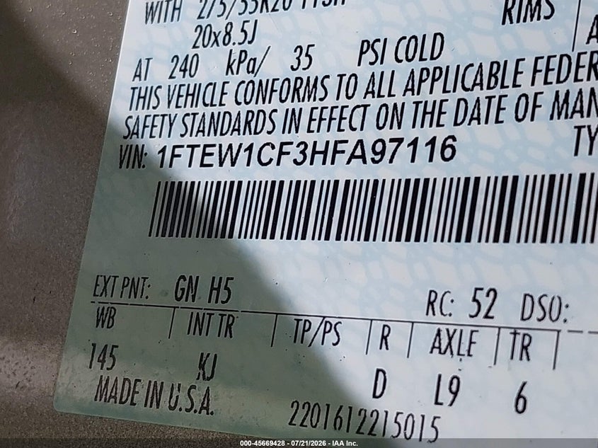 2017 FORD F-150 PICKUP 5.0L V-8 DOHC, VVT, 385HP