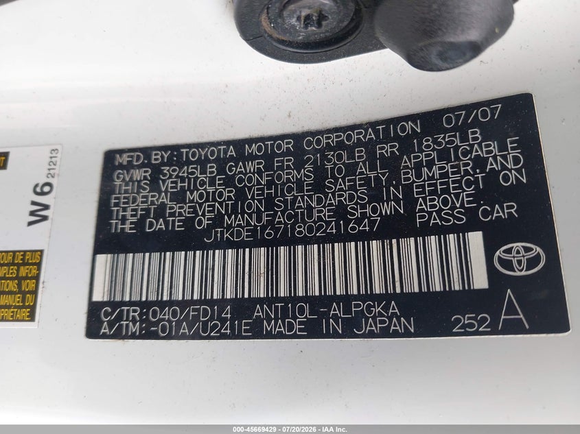 2008 Scion Tc VIN: JTKDE167180241647 Lot: 45669429