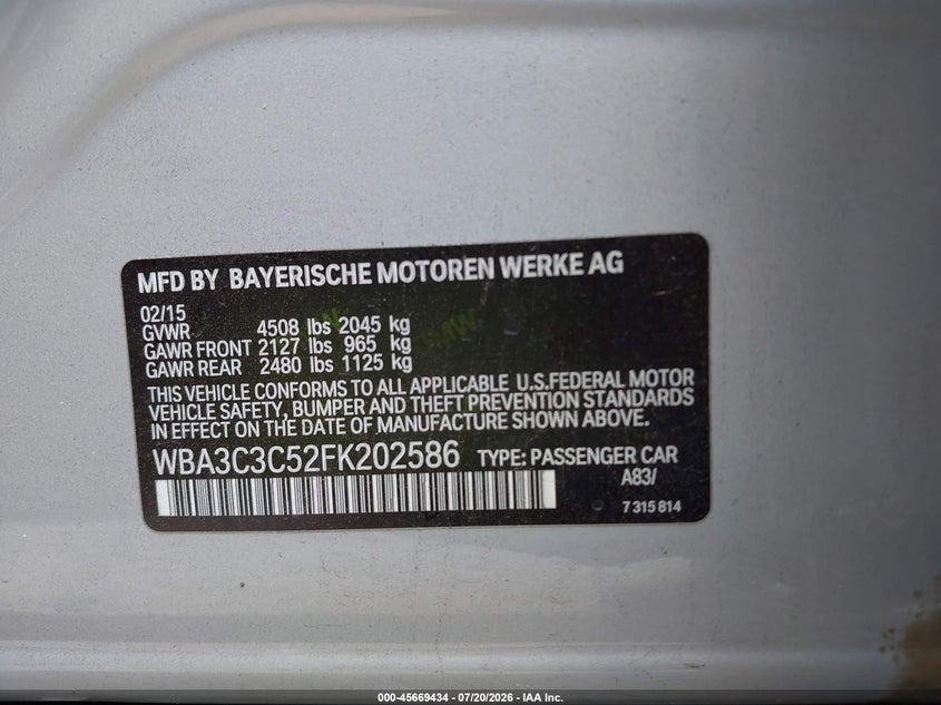 2015 BMW 320I xDrive VIN: WBA3C3C52FK202586 Lot: 45669434