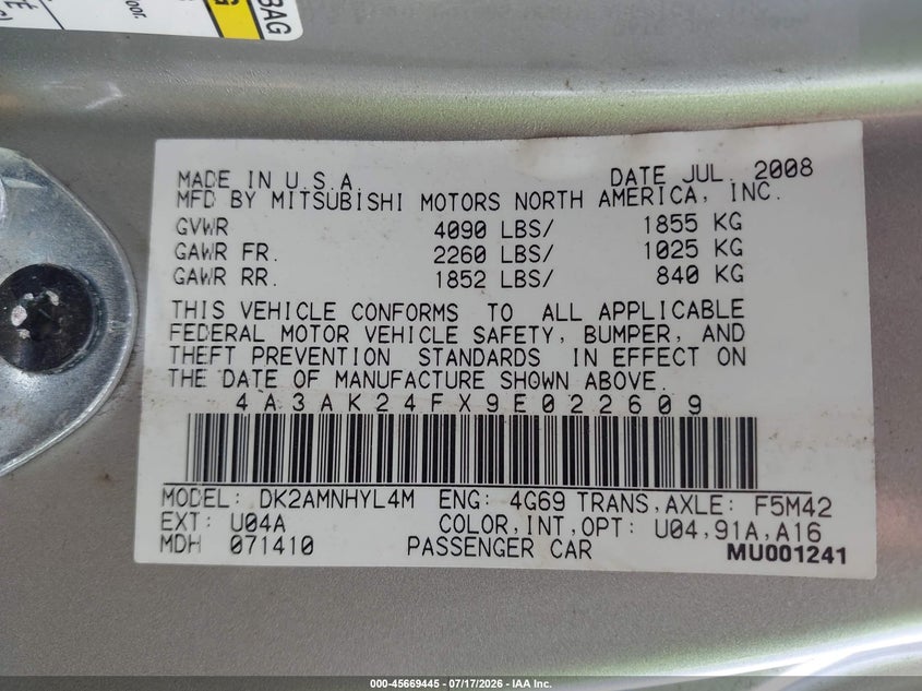 2009 Mitsubishi Eclipse Gs VIN: 4A3AK24FX9E022609 Lot: 45669445