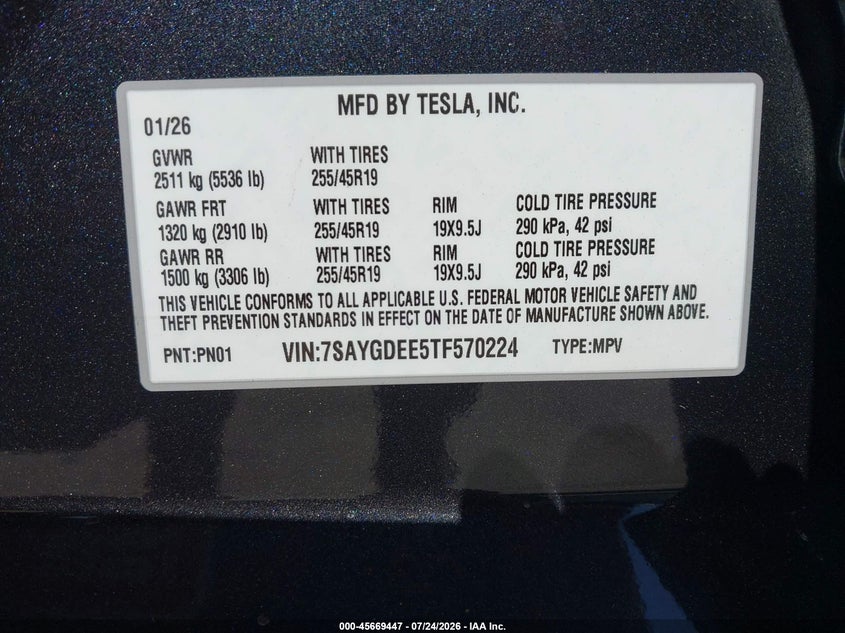 TESLA MODEL Y 2026 VIN 7SAYGDEE5TF570224