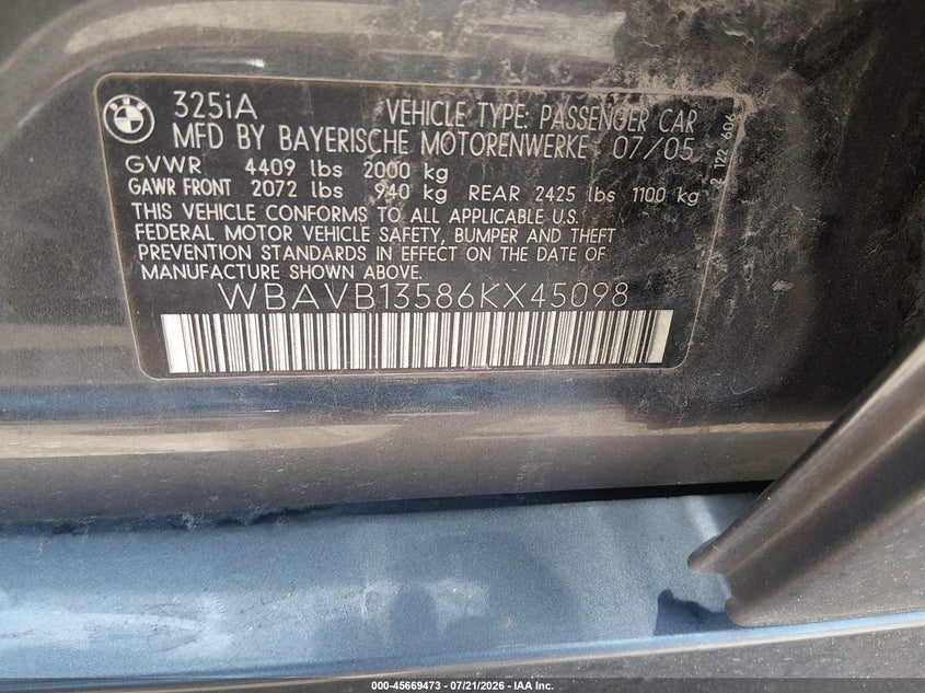 2006 BMW 325I VIN: WBAVB13586KX45098 Lot: 45669473