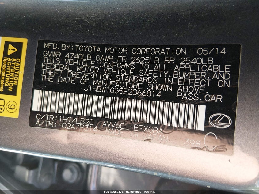 2014 Lexus Es 300H VIN: JTHBW1GG5E2066814 Lot: 45669475