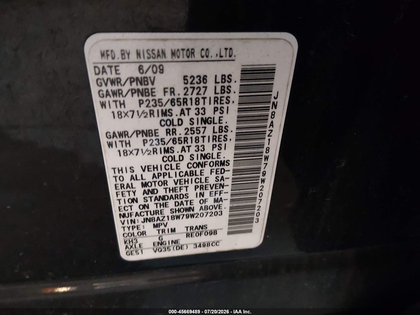 2009 Nissan Murano Sl VIN: JN8AZ18W79W207203 Lot: 45669489