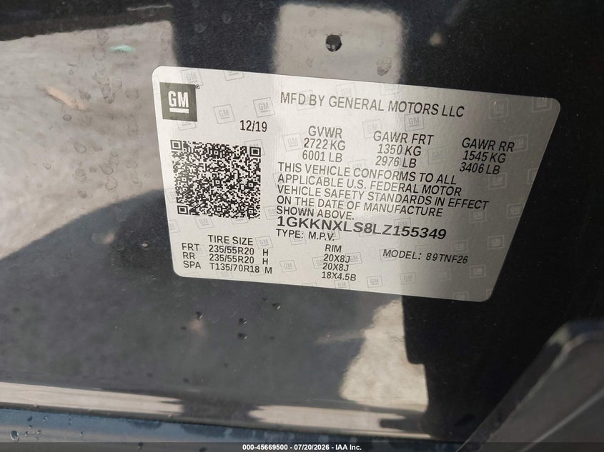 2020 GMC Acadia Awd Denali VIN: 1GKKNXLS8LZ155349 Lot: 45669500