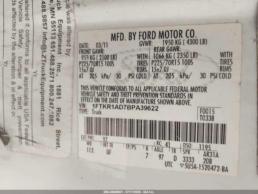 2011 Ford Ranger Xl VIN: 1FTKR1AD7BPA39622 Lot: 45669501