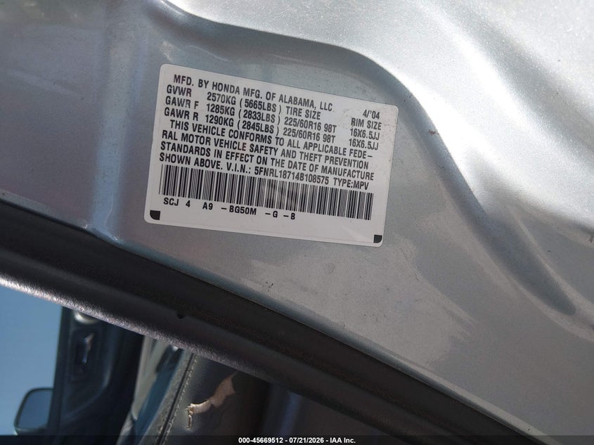 2004 Honda Odyssey Ex-L VIN: 5FNRL18714B108575 Lot: 45669512