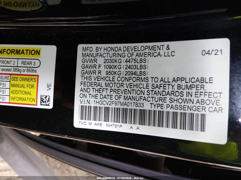 2021 Honda Accord Touring VIN: 1HGCV2F97MA017833 Lot: 45669519