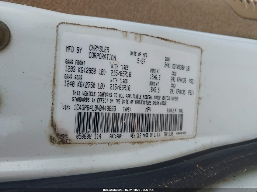 1997 Chrysler Town & Country Lxi VIN: 1C4GP64L9VB449853 Lot: 45669528