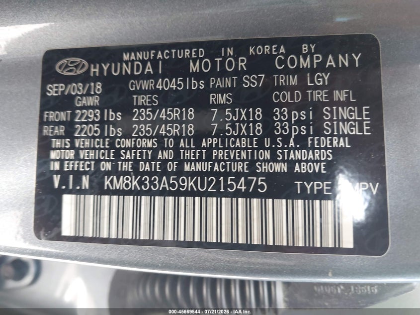 2019 Hyundai Kona Limited VIN: KM8K33A59KU215475 Lot: 45669544
