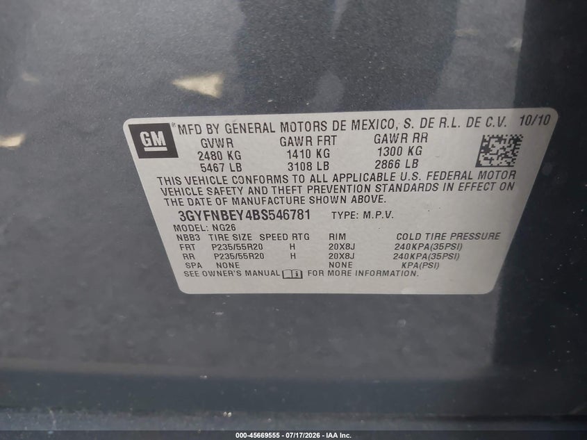 2011 Cadillac Srx Performance Collection VIN: 3GYFNBEY4BS546781 Lot: 45669555