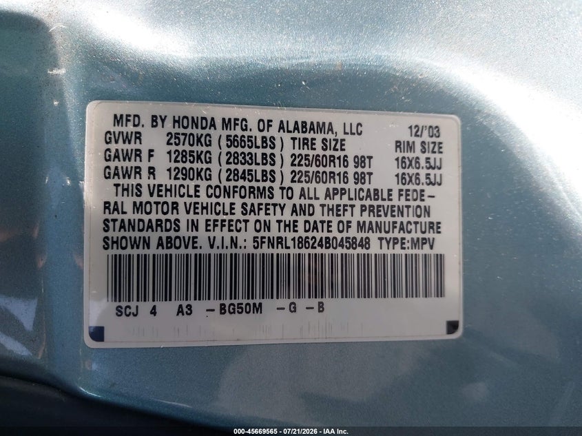2004 Honda Odyssey Ex VIN: 5FNRL18624B045848 Lot: 45669565