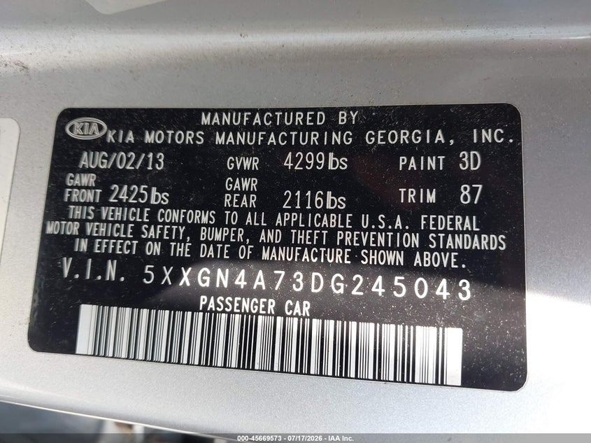 2013 Kia Optima Ex VIN: 5XXGN4A73DG245043 Lot: 45669573