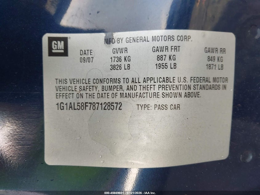 2008 Chevrolet Cobalt Lt VIN: 1G1AL58F787128572 Lot: 45669601