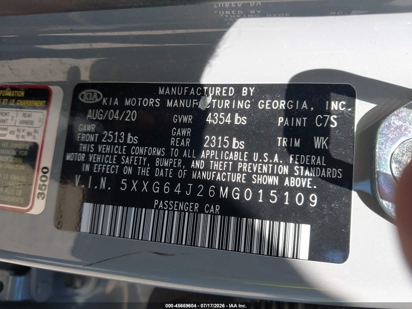2021 Kia K5 Gt-Line VIN: 5XXG64J26MG015109 Lot: 45669604