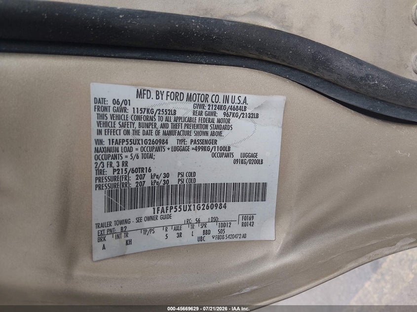 2001 Ford Taurus Ses VIN: 1FAFP55UX1G260984 Lot: 45669629