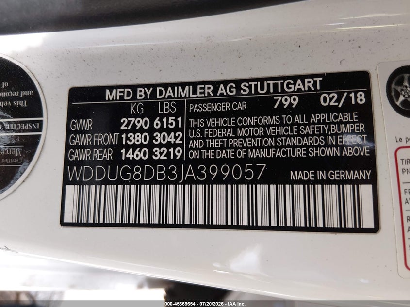 2018 Mercedes-Benz S 560 VIN: WDDUG8DB3JA399057 Lot: 45669654