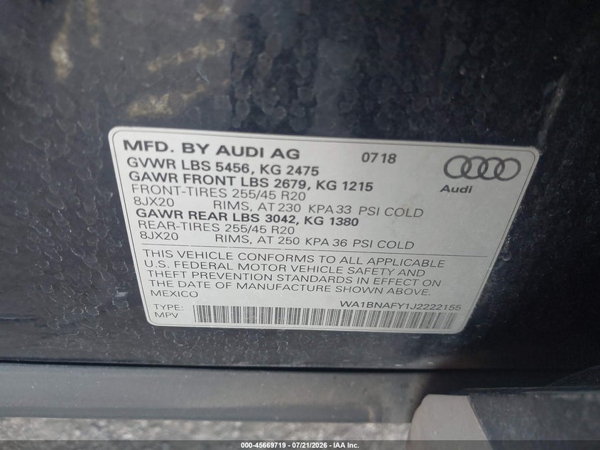 2018 Audi Q5 2.0T Premium/2.0T Tech Premium VIN: WA1BNAFY1J2222155 Lot: 45669719