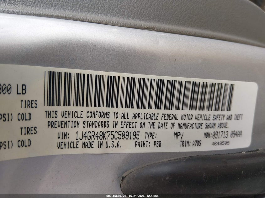 2005 Jeep Grand Cherokee Laredo VIN: 1J4GR48K75C509195 Lot: 45669725