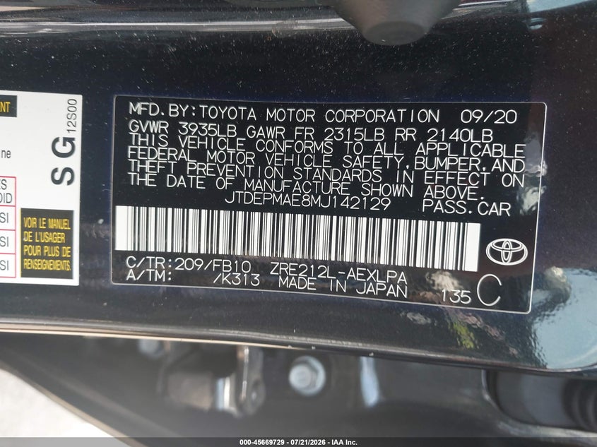 2021 Toyota Corolla Le VIN: JTDEPMAE8MJ142129 Lot: 45669729