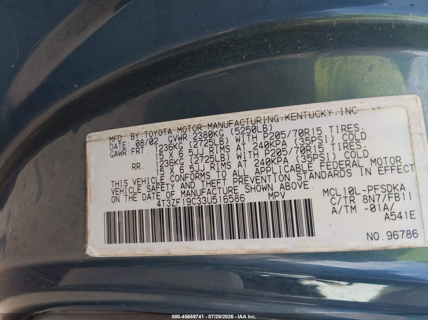 2003 Toyota Sienna Ce VIN: 4T3ZF19C33U516586 Lot: 45669741