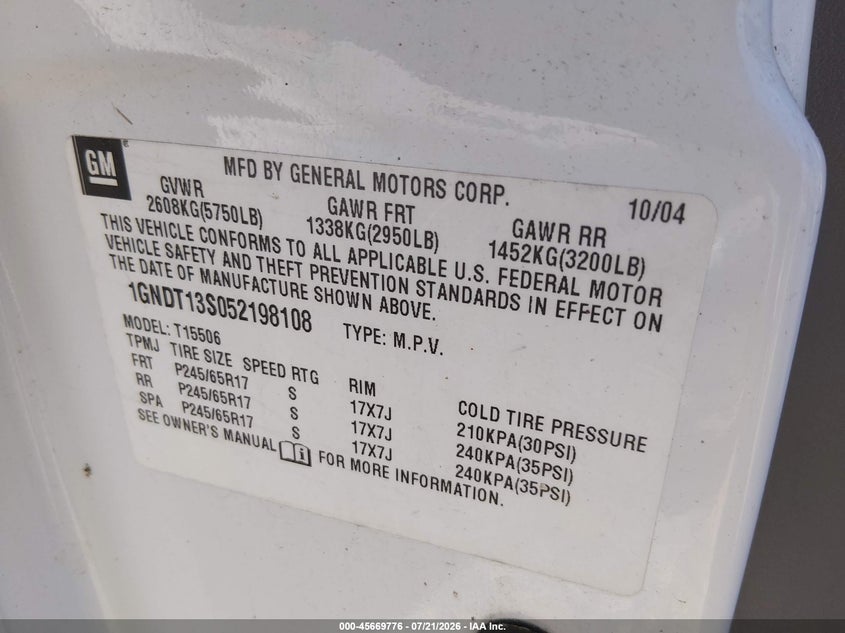 2005 Chevrolet Trailblazer Ls VIN: 1GNDT13S052198108 Lot: 45669776
