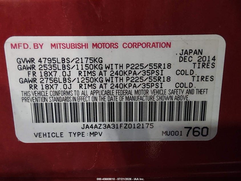 2015 Mitsubishi Outlander Se VIN: JA4AZ3A31FZ012175 Lot: 45669810