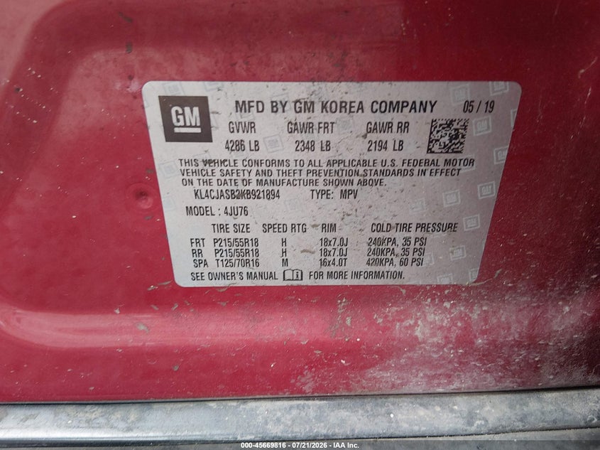 2019 Buick Encore Fwd Preferred VIN: KL4CJASB2KB921894 Lot: 45669816