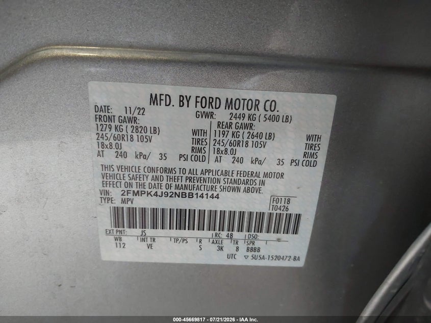 2022 Ford Edge Sel VIN: 2FMPK4J92NBB14144 Lot: 45669817