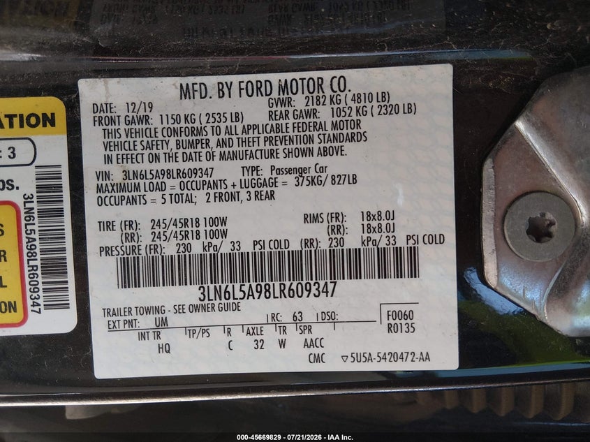 2020 Lincoln Mkz Standard VIN: 3LN6L5A98LR609347 Lot: 45669829