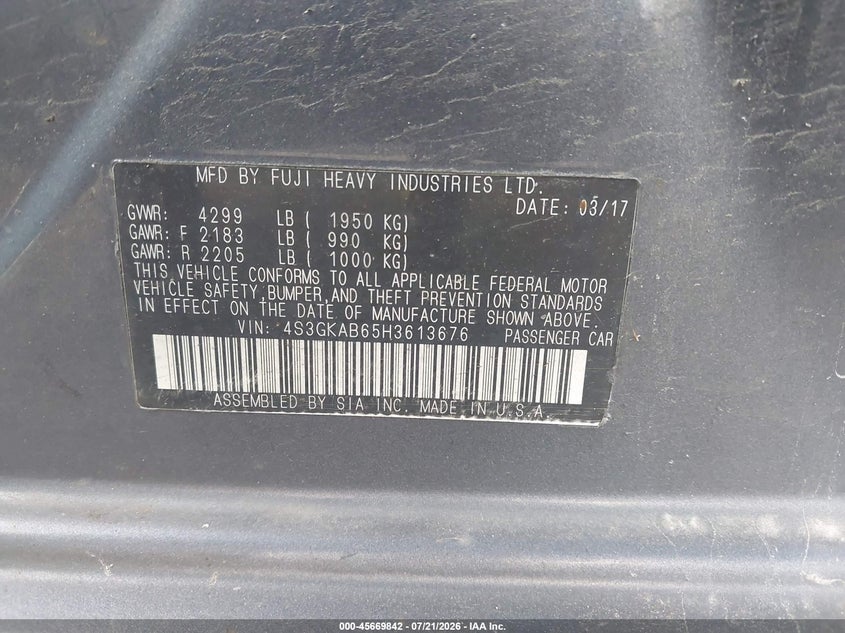 2017 Subaru Impreza 2.0I Premium VIN: 4S3GKAB65H3613676 Lot: 45669842