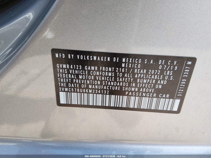 2019 Volkswagen Jetta 1.4T R-Line/1.4T S/1.4T Se VIN: 3VWC57BU6KM234132 Lot: 45669855